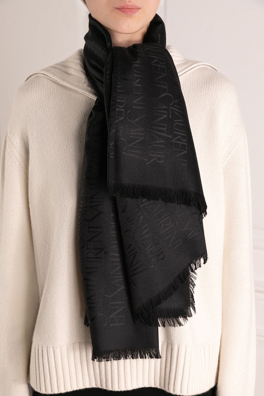 Saint Laurent women's black scarf made of silk and wool 180675