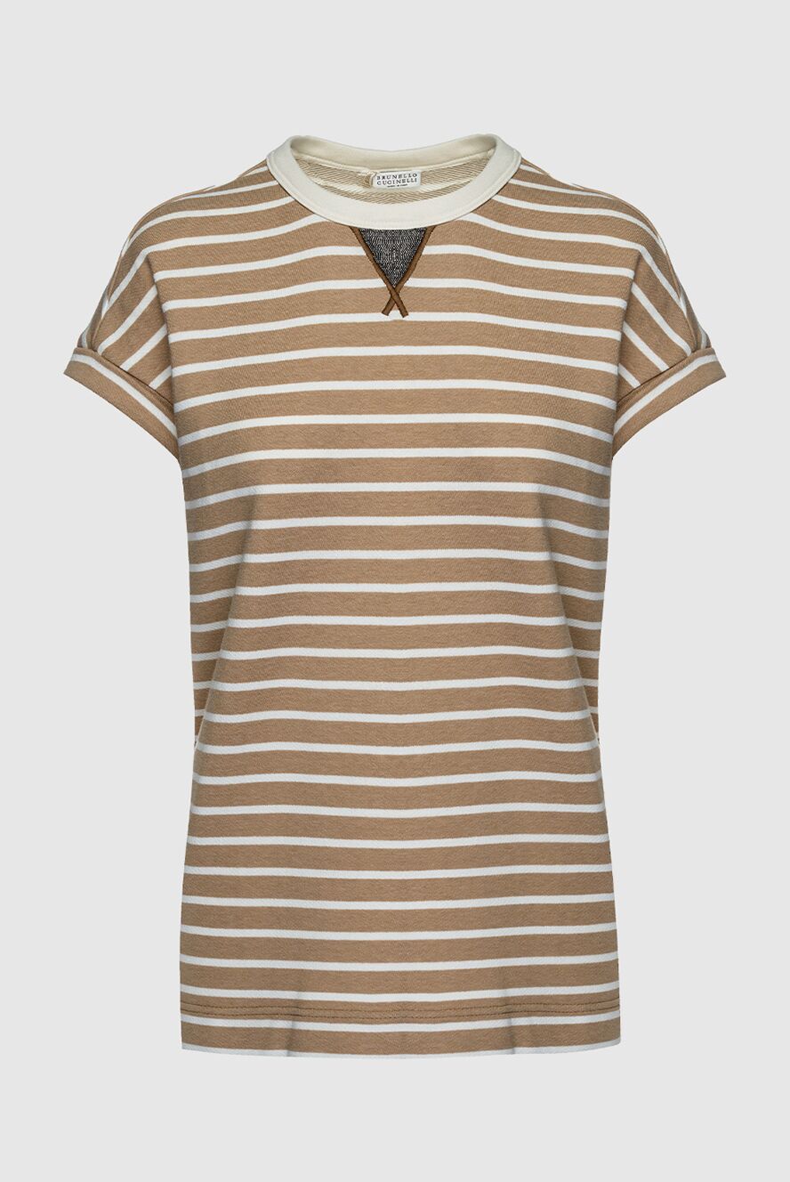 Brunello Cucinelli Women's beige striped cotton T-shirt - striped pattern. 95% cotton, 5% elastane. Country of origin: Italy. Care: specialized cleaning - photo 1