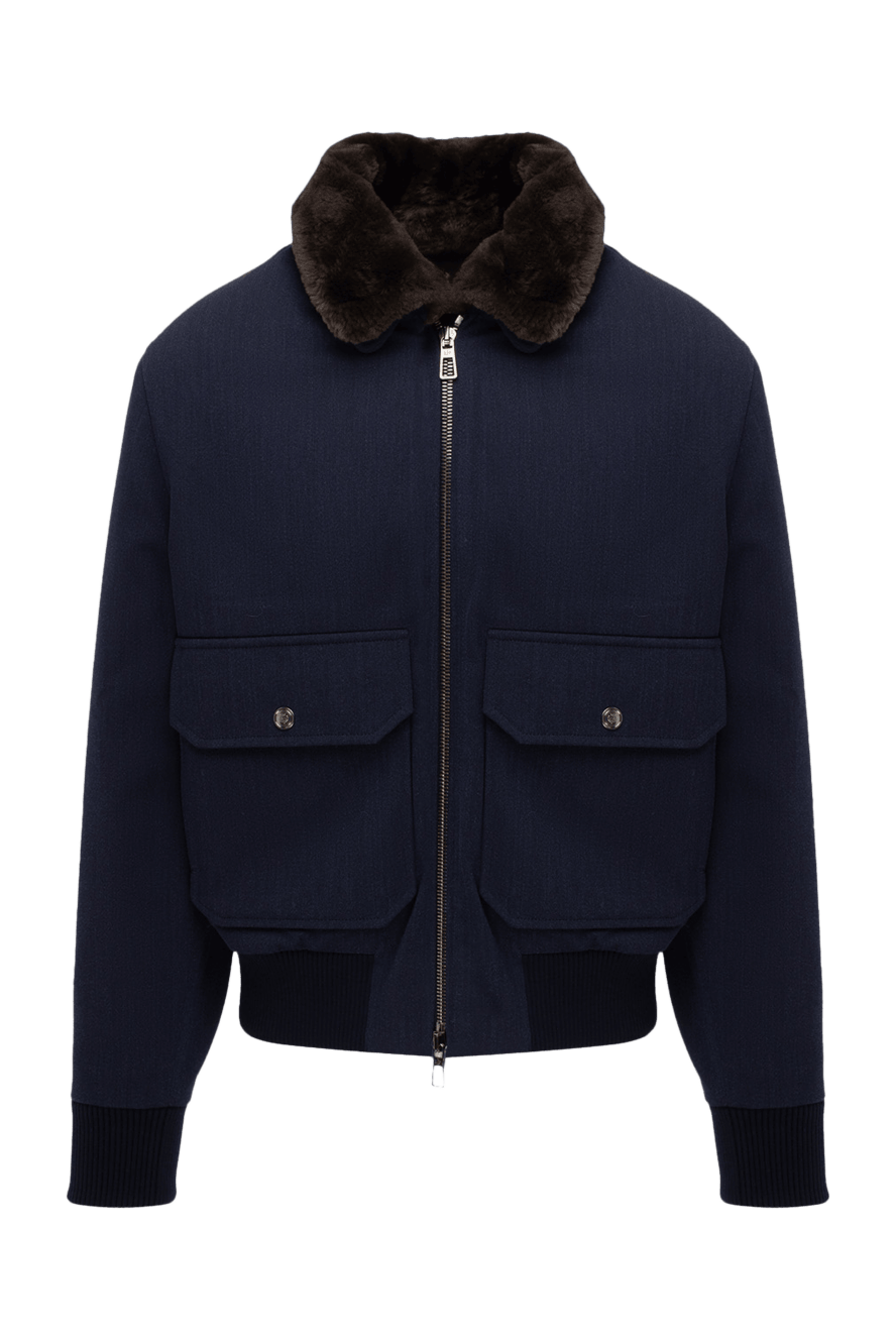 Loro Piana men's wool bomber jacket dark blue with fur collar