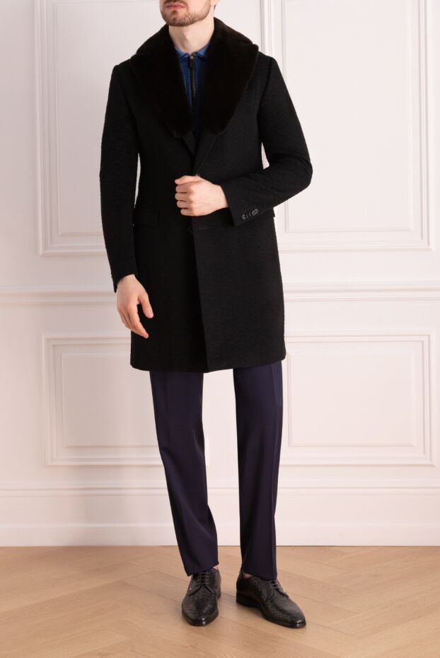 Corneliani men's black wool chesterfield coat with a fur shawl collar 131887 - photo 2