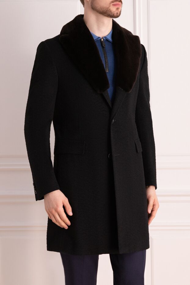 Corneliani men's black wool chesterfield coat with a fur shawl collar 131887 - photo 3