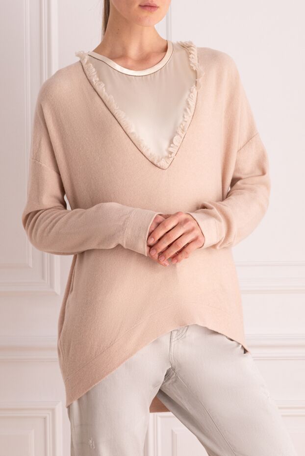 Brunello Cucinelli pink cashmere jumper with a v-neck and satin trim 136160 - photo 3