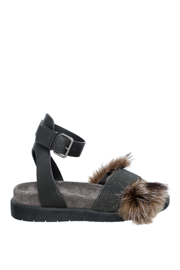 Brunello Cucinelli women's leather sandals with a shiny stripe and fur, black 136584 - photo 1