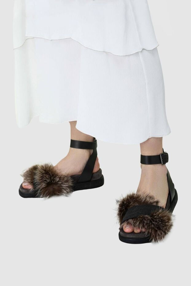 Brunello Cucinelli жылтыр жолағы және жүннен жасалған қара түсті әйелдердің шкірядан жасалған сандалдары 136584 - фото 2