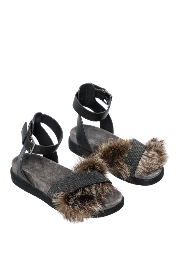 Brunello Cucinelli жылтыр жолағы және жүннен жасалған қара түсті әйелдердің шкірядан жасалған сандалдары 136584 - фото 3