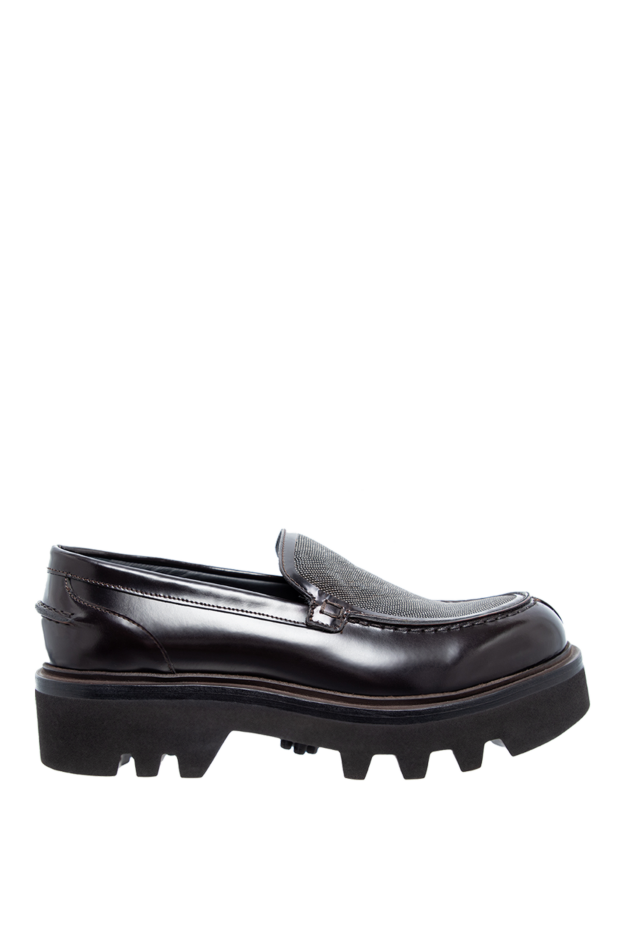 Loafers women's leather with shiny silver detail brown - photo 1
