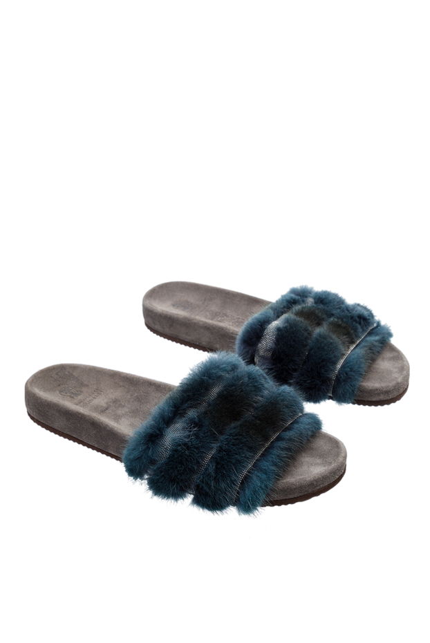 Brunello Cucinelli women's leather slippers with fur, blue 136632 - photo 3