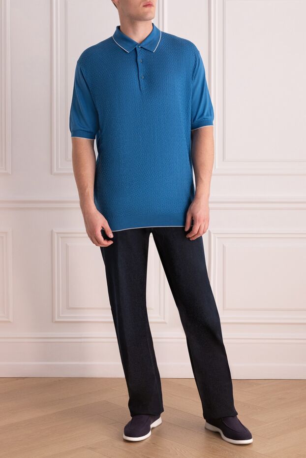 Cesare di Napoli men's blue silk polo shirt with textured pattern 139664 - photo 2