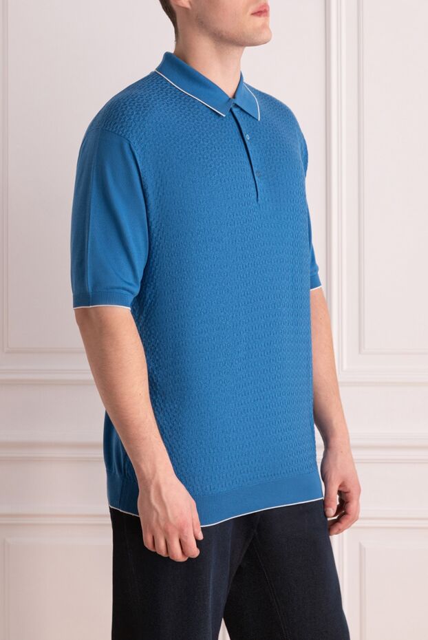 Cesare di Napoli men's blue silk polo shirt with textured pattern 139664 - photo 3