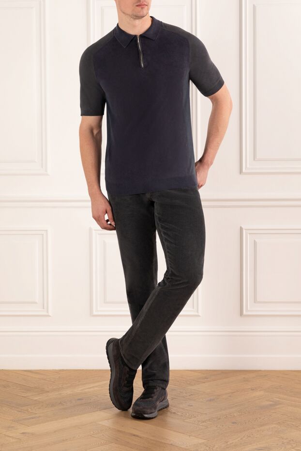 Cesare di Napoli men's dark blue silk polo shirt with contrast inserts and zipper 139694 - photo 2