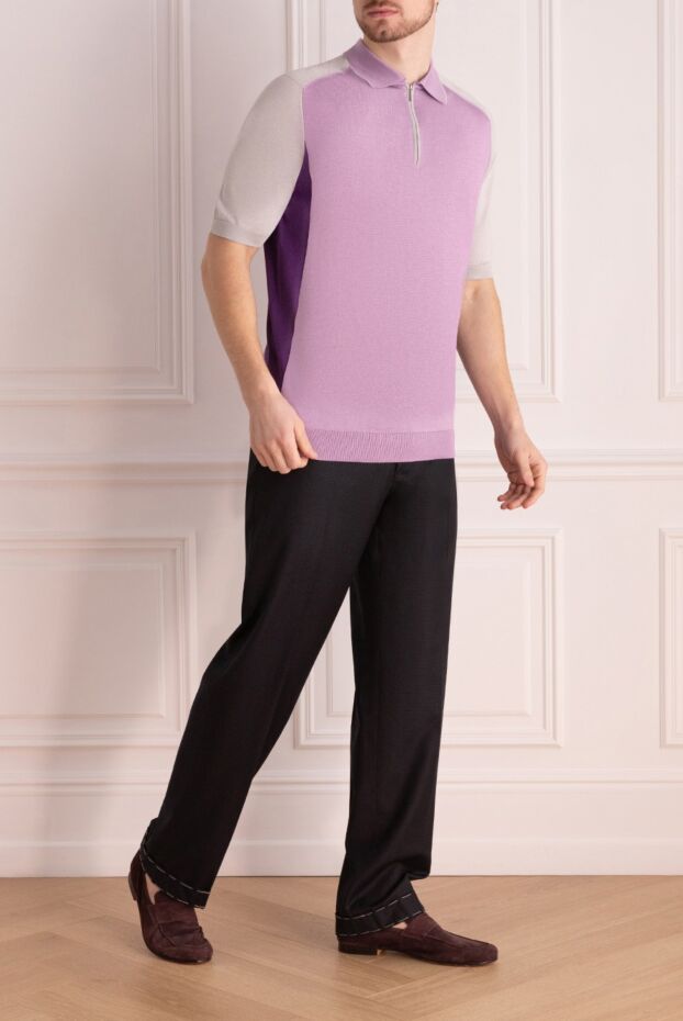 Cesare di Napoli men's pink silk polo shirt with contrast inserts and zipper 139698 - photo 2