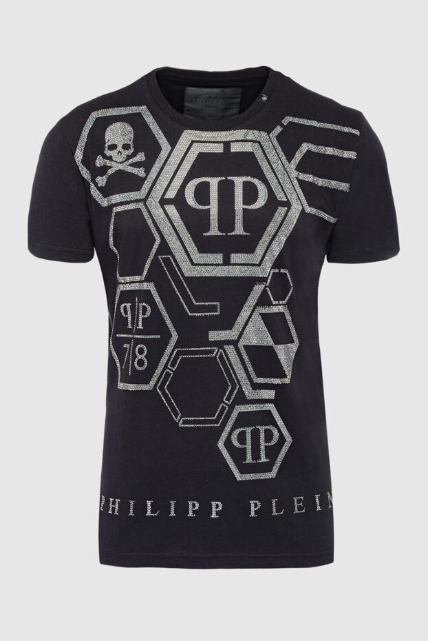 Philipp Plein мужская черная хлопковая футболка с логотипами в шестиугольниках и декором из страз 140014 - фото 1