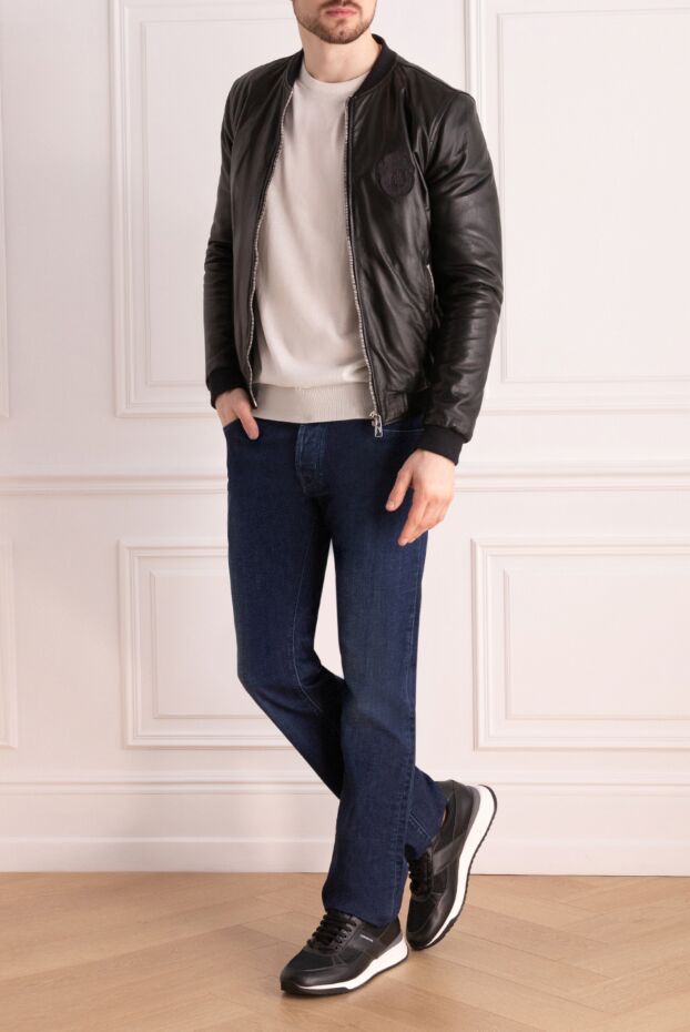 Billionaire men’s black leather bomber jacket decorated with a tonal brand emblem 144318 - photo 2