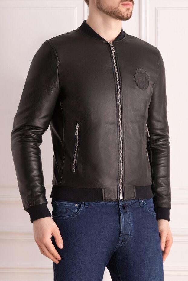 Billionaire men’s black leather bomber jacket decorated with a tonal brand emblem 144318 - photo 3