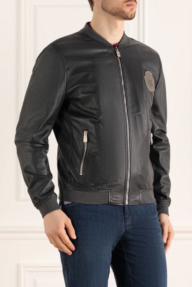 Billionaire men’s dark gray leather bomber jacket decorated with a brand emblem 144510 - photo 3