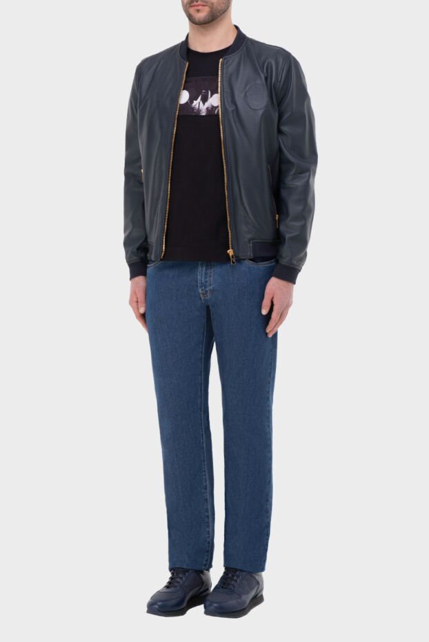 Billionaire men’s blue leather bomber jacket with bright zippers and a tonal logo 144514 - photo 2