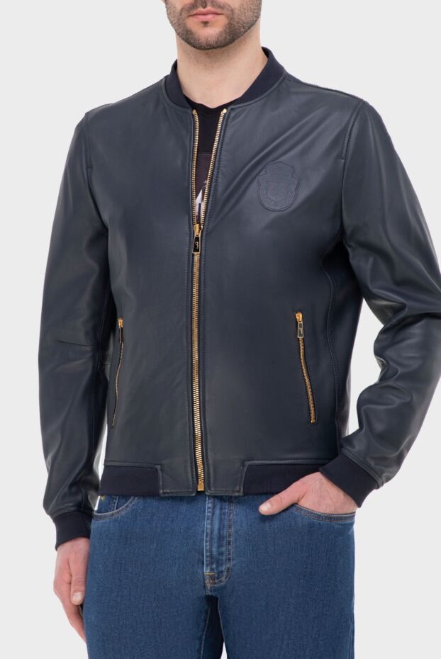 Billionaire men’s blue leather bomber jacket with bright zippers and a tonal logo 144514 - photo 3