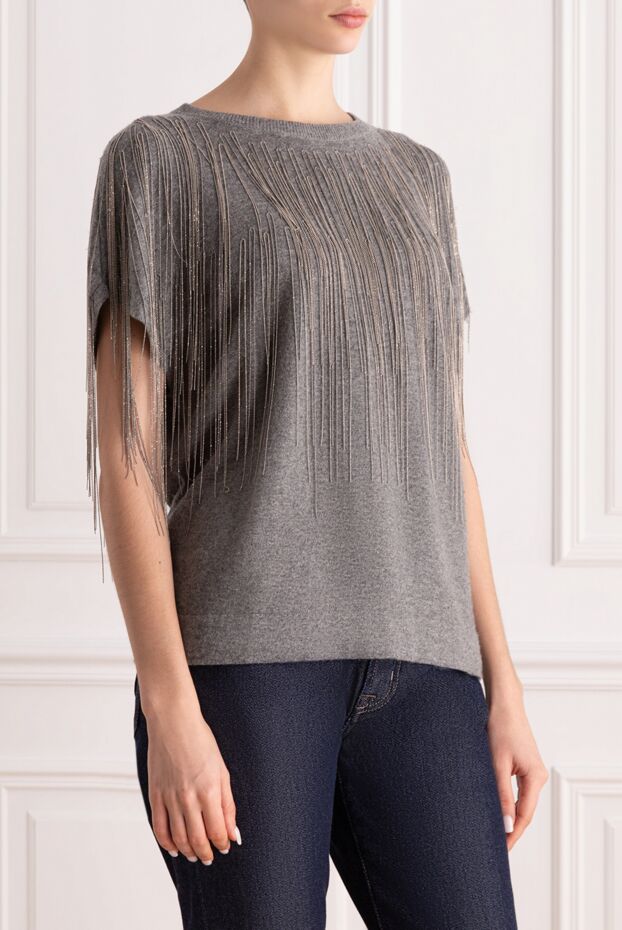 Brunello Cucinelli gray cashmere jumper with decorative chain fringe
 147248 - photo 3