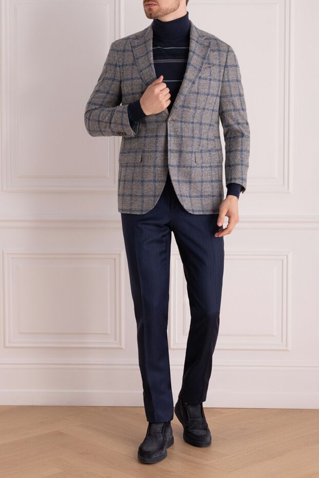 Sartoria Latorre men's grey wool jacket with alpaca large blue check
 147420 - photo 2