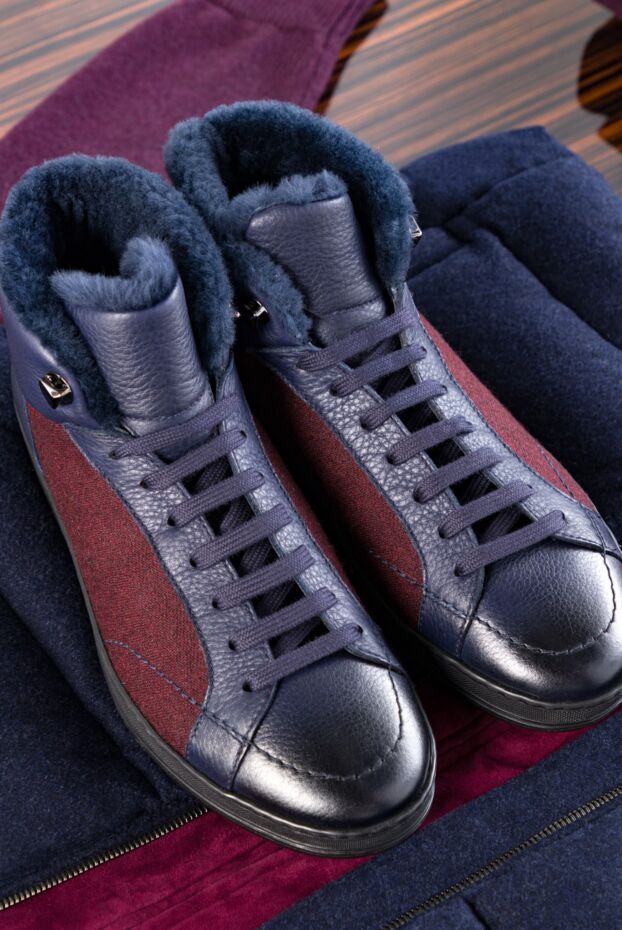 Doucal`s high-top insulated sneakers made of leather and wool in burgundy and blue tones

 147432 - photo 2