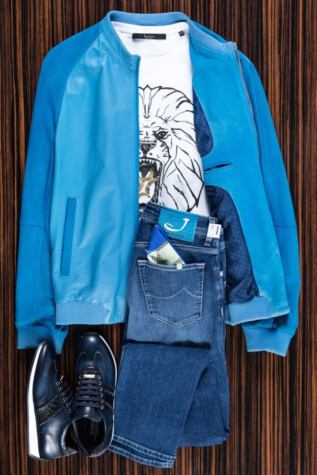 Billionaire blue leather jacket with suede sleeves and knit trim
 149151 - photo 2