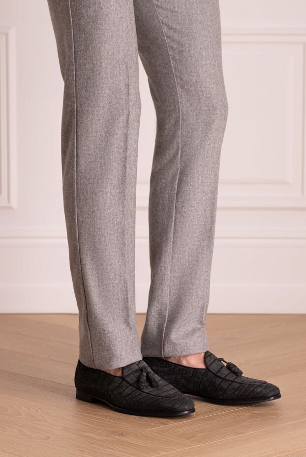 Men's crocodile leather loafers with tassels black

 - photo 2