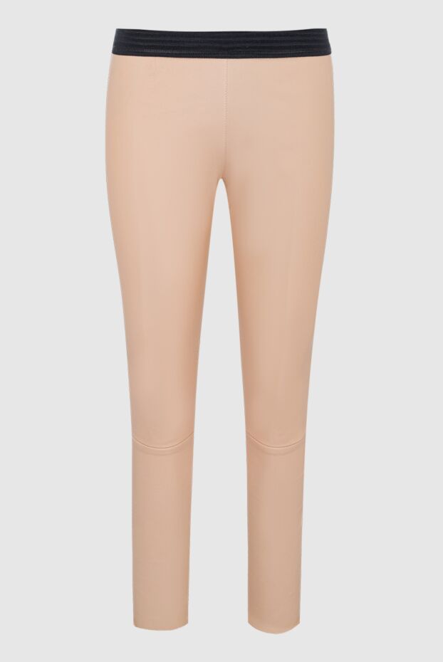 Women's leather pants in beige with a black waistband - photo 1