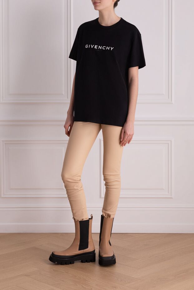 Women's leather pants in beige with a black waistband - photo 2