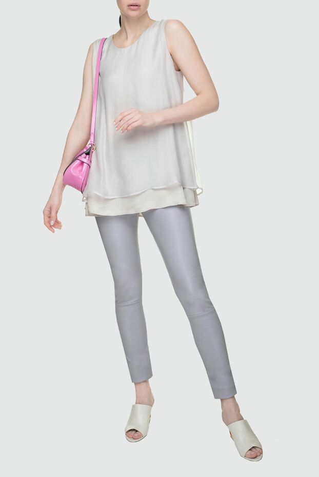 Trousers leggings made of gray elastic leather with a contrasting waistband
 - photo 2