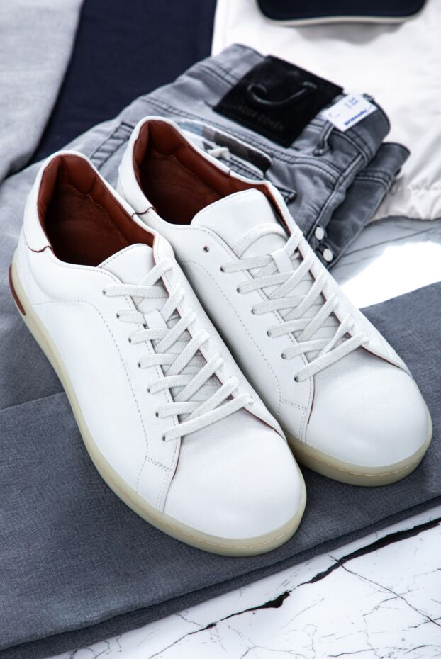 White leather sneakers with burgundy interior and light sole
- photo 2