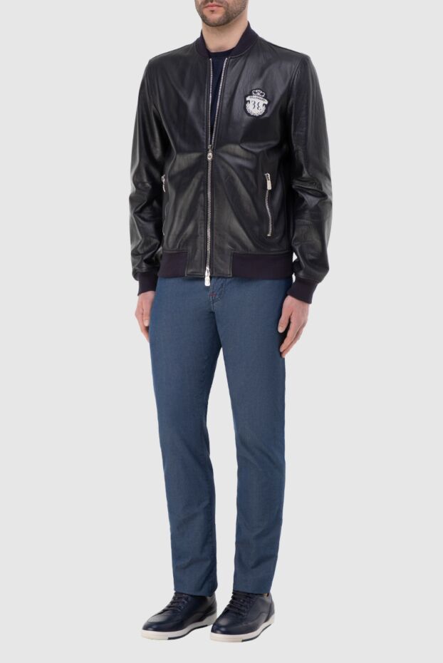 Billionaire men’s dark blue leather bomber jacket with embroidered logo 151391 - photo 2