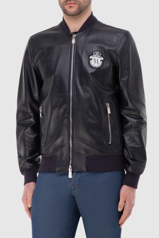 Billionaire men’s dark blue leather bomber jacket with embroidered logo 151391 - photo 3