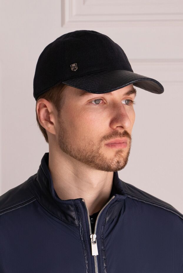 Corneliani кепка кашемировая на ремешке с козырьком из кожи аллигатора синяя мужская 151981 - фото 2