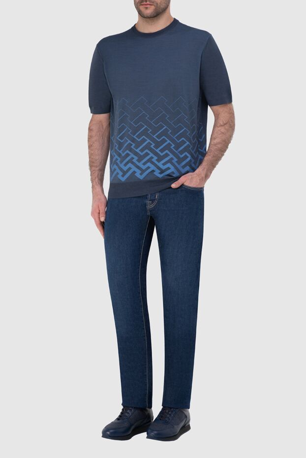 Cesare di Napoli men's grey-blue silk jumper with a geometric pattern 152430 - photo 2
