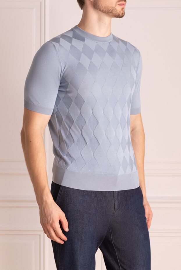 Cesare di Napoli монохромды өрнегі бар көгілдір жібек қысқа жеңді джемпер ерлерге арналған 152468 - фото 3