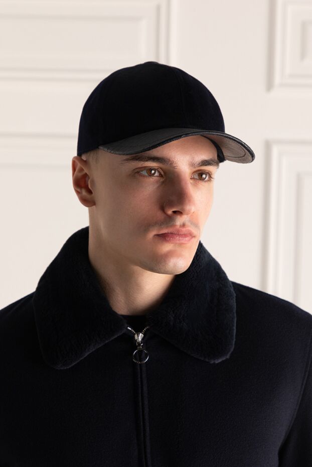 Cesare di Napoli cashmere cap with alligator leather visor blue for men 152737 - photo 2