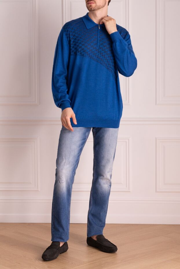 Zilli men's long sleeve blue polo shirt with geometric contrasting jacquard pattern 153017 - photo 2