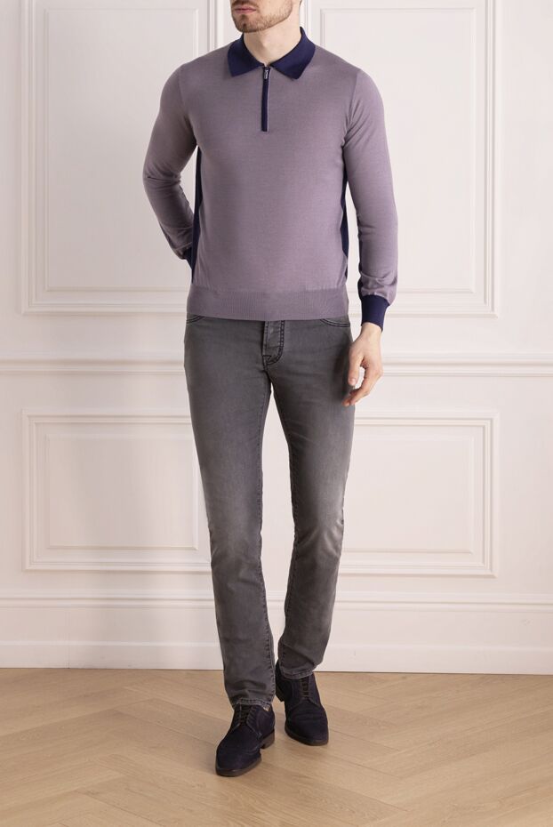 Zilli men's long sleeve purple polo shirt with zipper and contrasting inserts 153023 - photo 2