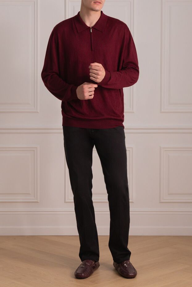 Zilli men's long sleeve burgundy polo shirt with monochrome relief pattern 153059 - photo 2