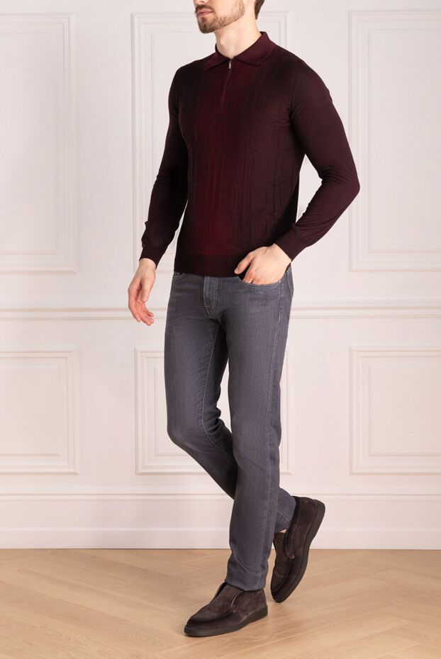 Zilli men's long sleeve gradient burgundy polo shirt with pattern 153541 - photo 2