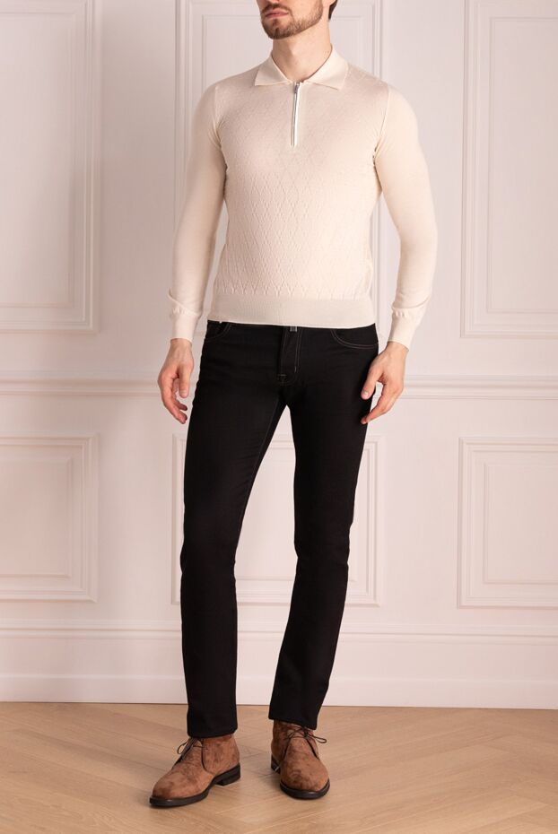 Zilli men's long sleeve white polo shirt with textured pattern and contrasting placket 153549 - photo 2