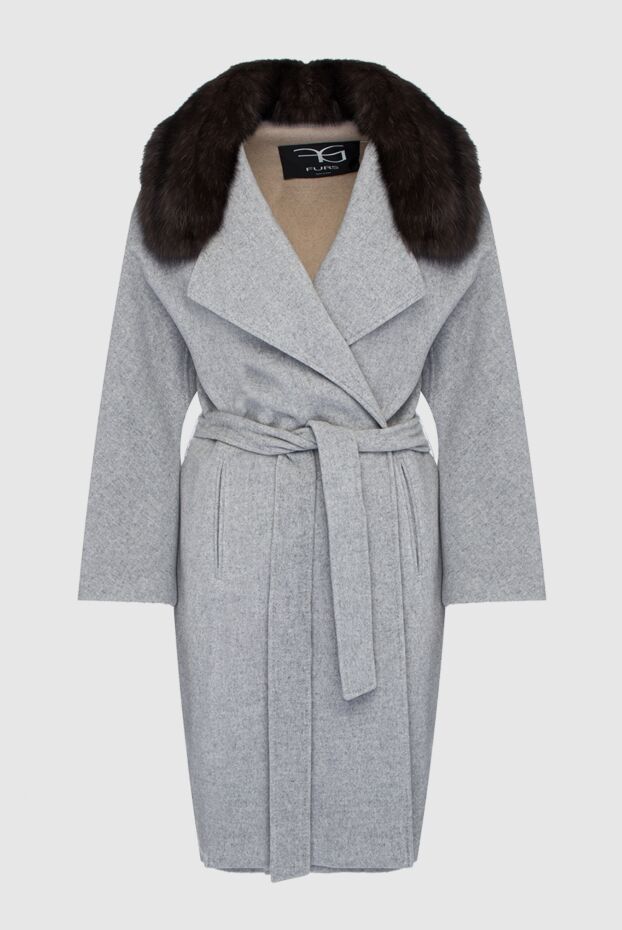 FG Furs жүннен тоқылған, белбеулі, түкті жағалы сұр түсті пальто 153927 - фото 1