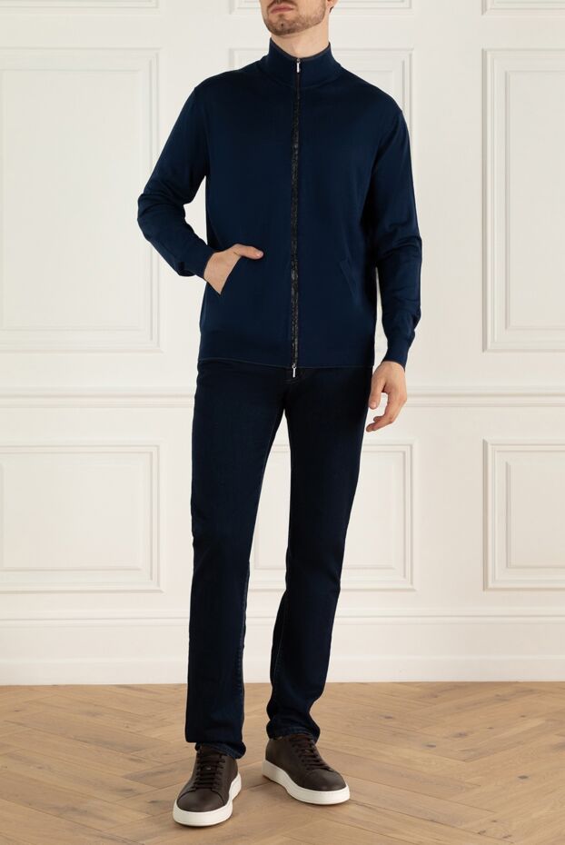 Cesare di Napoli men’s dark blue wool cardigan with a textured zipper 154511 - photo 2