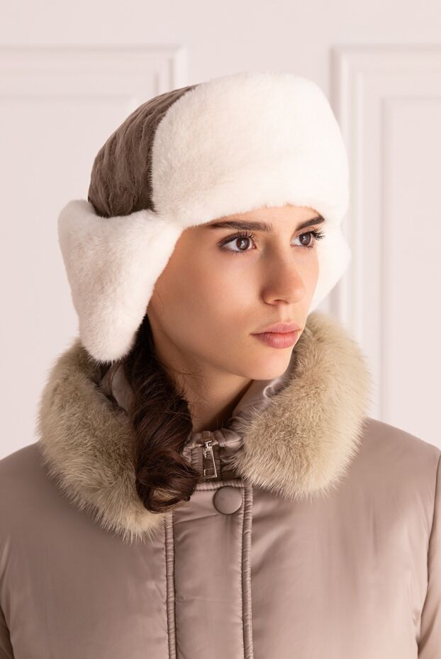 FG Furs шапка-ушанка женская меховая коричневая и белая 154867 - фото 2