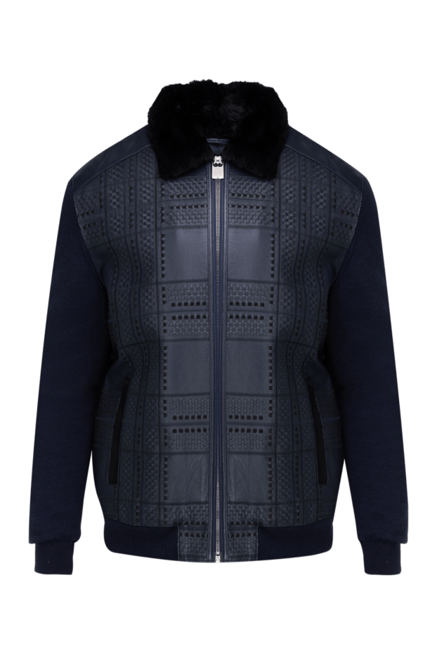 Torras men’s blue leather jacket decorated with a textured pattern and fur collar 155281 - photo 1