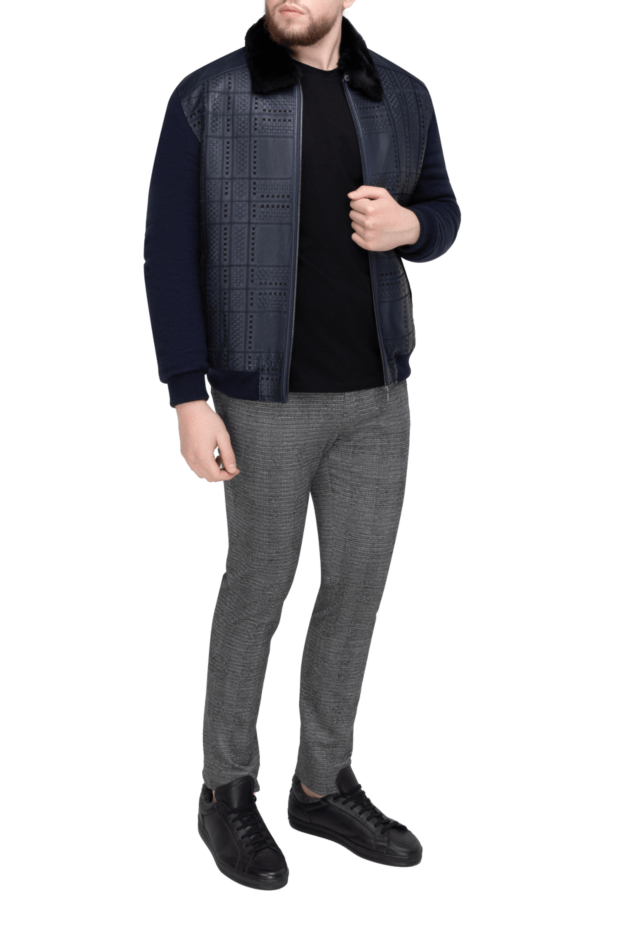 Torras men’s blue leather jacket decorated with a textured pattern and fur collar 155281 - photo 2