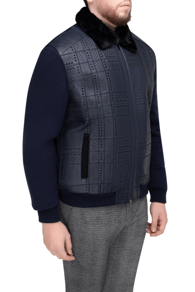 Torras men’s blue leather jacket decorated with a textured pattern and fur collar 155281 - photo 3