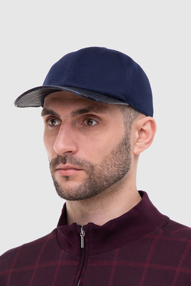 Cesare di Napoli cashmere cap with alligator leather visor bright blue for men 156346 - photo 3