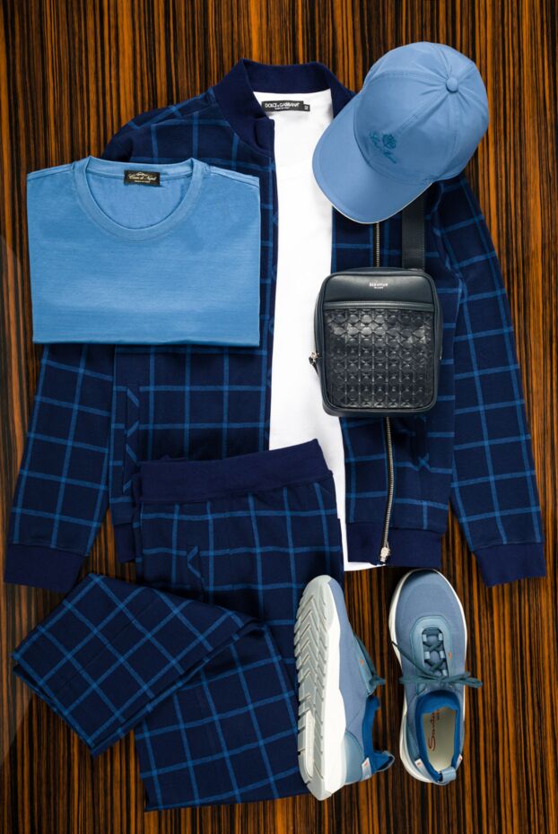 Cesare di Napoli men’s blue checked cotton tracksuit with stand-up collar 159032 - photo 2