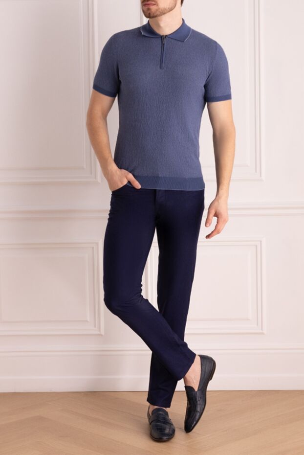 Dalmine textured blue cotton polo shirt with a zipper for men 159193 - photo 2